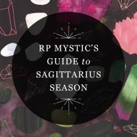 Designed featured image bearing the name of the RP Mystic blog post "TP Mystic's Guide to Sagittarius Season" over a background of illustrated crystals