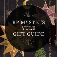 Designed featured image reading "RP Mystic's Yule Gift Guide" over a background of starry ornaments, herbs, and a crescent moon