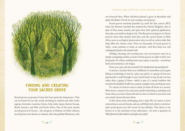 Interior spread from “Forest Magic” showing the start of the section titled “Finding and Creating Your Sacred Grove”