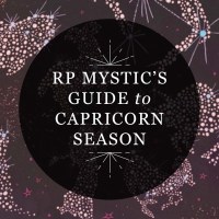 Designed graphic for RP Mystic blog post "RP Mystic's Guide to Capricorn Season." The title is set inside a semi-transparent black circle over an illustration of December birthstones.