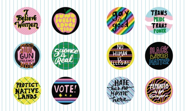 Interior spread from "The Big Book of Queer Stickers" showing stickers featuring a variety of queer and other slogans and declarations