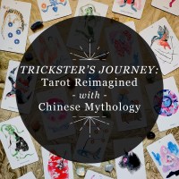 Designed featured image for RP Mystic blog post "Trickster's Journey: Tarot Reimagined with Chinese Mythology." The title of the blog post is enclosed in a transparent black circle over a photo of face-up cards from the deck.