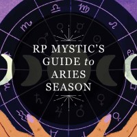 Featured image for RP Mystic blog post "RP Mystic's Guide to Aries Season." The title is placed in a semi-transparent black circle over an illustrated image of two hands encircling a zodiac sign map.