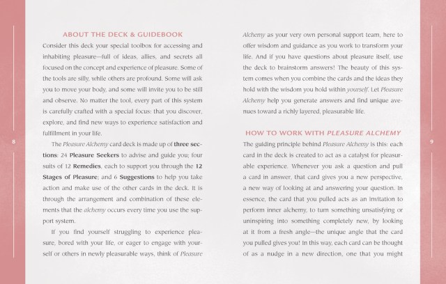 Interior spread from the guidebook of "Pleasure Alchemy" showing the sections About the Deck & Guidebook and How to Work with Pleasure Alchemy