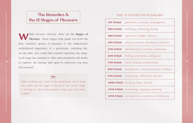 Interior spread from the guidebook of "Pleasure Alchemy" showing the start of the chapter The Remedies & The 12 Stages of Pleasure