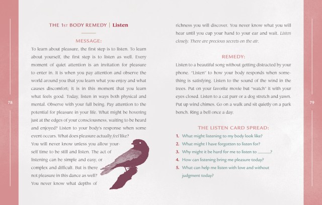 Interior spread from the guidebook of "Pleasure Alchemy" showing the entry for the card The 1st Body Remedy: Listen