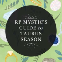 Featured image for RP Mystic blog post "RP Mystic's Guide to Taurus Season." The title is placed in a semi-transparent black circle over an illustrated image of April birthstones and greenery.