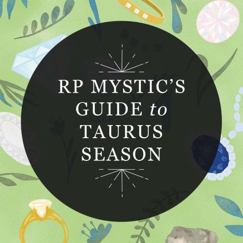 Graphic reading "RP Mystic's Guide to Taurus Season" in a semi-transparent black circle over an illustrated image of April birthstones and greenery.