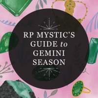 Featured image for RP Mystic blog post "RP Mystic's Guide to Gemini Season." The title is placed in a semi-transparent black circle over an illustrated image of May birthstones and greenery.