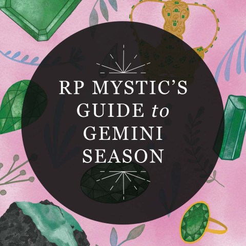Featured image for RP Mystic blog post "RP Mystic's Guide to Gemini Season." The title is placed in a semi-transparent black circle over an illustrated image of May birthstones and greenery.