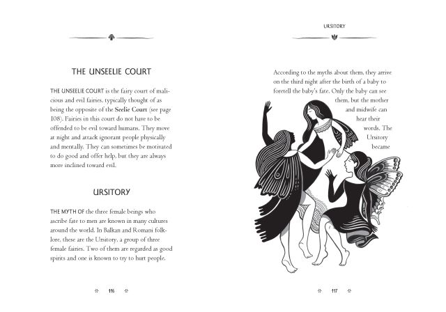 Interior spread from "The Little Encyclopedia of Fairies" showing the entries for The Unseelie Court and Ursitory, with an illustration of the Ursitory.