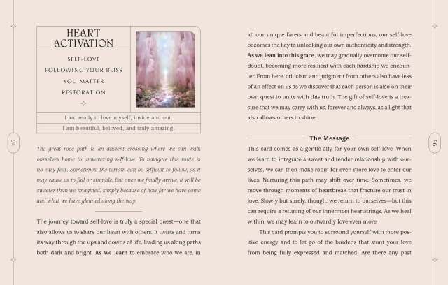 Interior spread from the guidebook included in “The Dreamgate Oracle” showing the first two pages of the entry for the Heart Activation card.