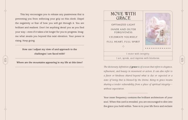 Interior spread from the guidebook included in “The Dreamgate Oracle” showing the third page of the entry for The Mountain card plus the first page of the entry for the Move With Grace card.