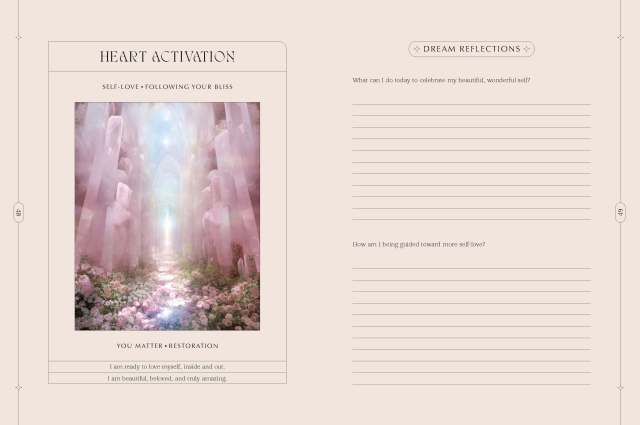 Interior spread of “The Dreamgate Guided Journal” showing the journal entry pages for the Heart Activation card of “The Dreamgate Oracle.”