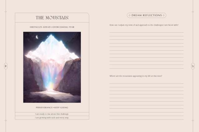 Interior spread of “The Dreamgate Guided Journal” showing the journal entry pages for The Mountain card of “The Dreamgate Oracle.”