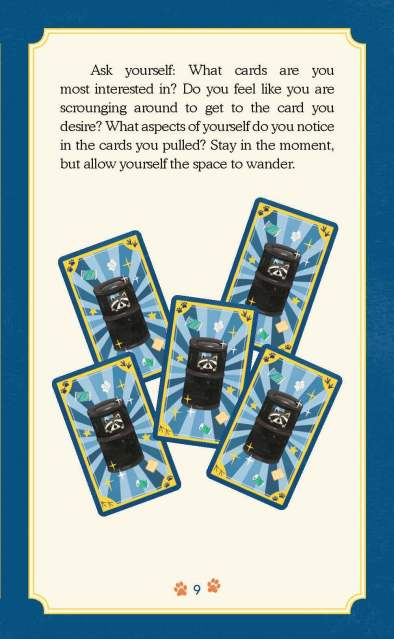 Page 9 of the included guidebook to “Trash Animals Oracle: Inspiration and Guidance from Chaotic Creatures,” showing the end of the section titled “We’re All Trash: Life is Messy; Eat It Up!: A four-card pull from a messy pile.”