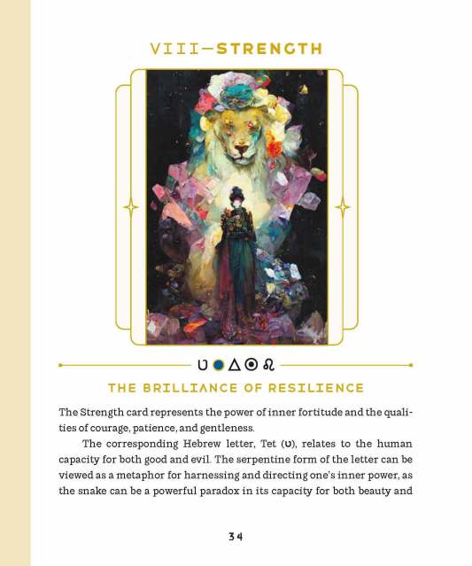 Interior page of the included guidebook for “The Artist Decoded Tarot.” The first of two pages for the entry for the card VIII-Strength, which includes the card’s image.