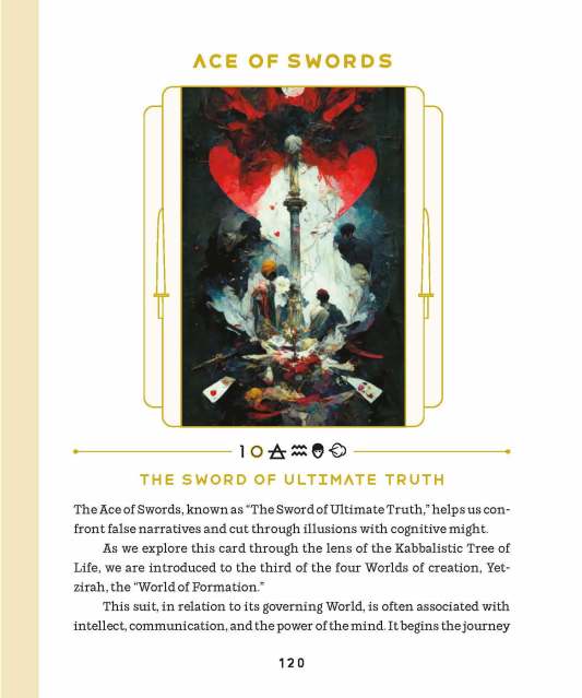 Interior page of the included guidebook for “The Artist Decoded Tarot.” The first of two pages for the entry for the card Ace of Swords, which includes the card’s image.