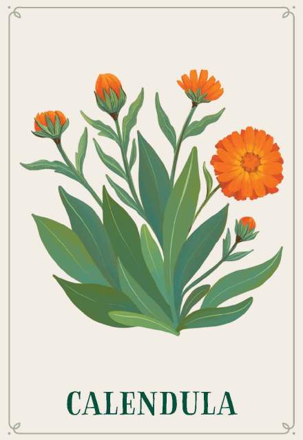 The Calendula card from “Enchanted Foraging Deck: 50 Plant Identification Cards to Discover Nature's Magic”