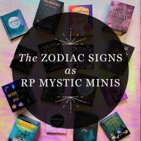 Designed featured image for RP Mystic blog post "The Zodiac Signs as RP Mystic Minis." The title is set in a semi-transparent black circle laid over a photo of various RP Mystic mini book, deck, and kit offerings set on a pink and yellow iridescent backdrop.