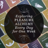 Designed graphic for RP Mystic blog post “Exploring Pleasure Alchemy Every Day for One Week.” The title is set inside a semi-transparent black circle over a photo of face-up cards from the “Pleasure Alchemy” deck.