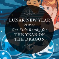 Designed graphic for RP Mystic blog post “Lunar New Year 2024: Get Kids Ready for the Year of the Dragon.” The title is placed inside a semi-transparent black circle over an illustration from “A Kid’s Guide to the Chinese Zodiac” showing two children looking at magical bubbles holding Chinese zodiac animals.