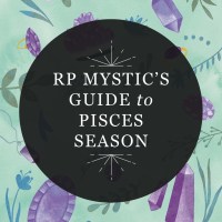 Graphic reading "RP Mystic's Guide to Pisces Season" in a semi-transparent black circle over an illustrated image of February birthstones and greenery.