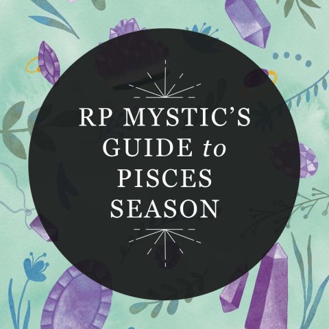 Graphic reading "RP Mystic's Guide to Pisces Season" in a semi-transparent black circle over an illustrated image of February birthstones and greenery.