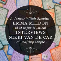 Designed graphic for RP Mystic blog post “A Junior Witch Special: Emma Mildon Interviews Nikki Van De Car.” The title is set inside a semi-transparent black circle over a photo of face-up cards from “The Junior Witch’s Spell Deck.”
