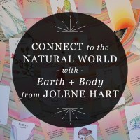 Designed graphic for RP Mystic blog post “Connect to the Natural World with Earth + Body from Jolene Hart.” The title is set inside a semi-transparent black circle over a photo of scattered cards from “Earth + Body.”