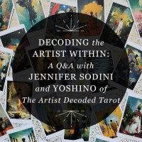 Designed graphic for RP Mystic blog post “Decoding the Artist Within: A Q&A with Jennifer Sodini and Yoshino of The Artist Decoded Tarot.” The title is set inside a semi-transparent black circle over a photo of face-up cards from “The Artist Decoded Tarot.”