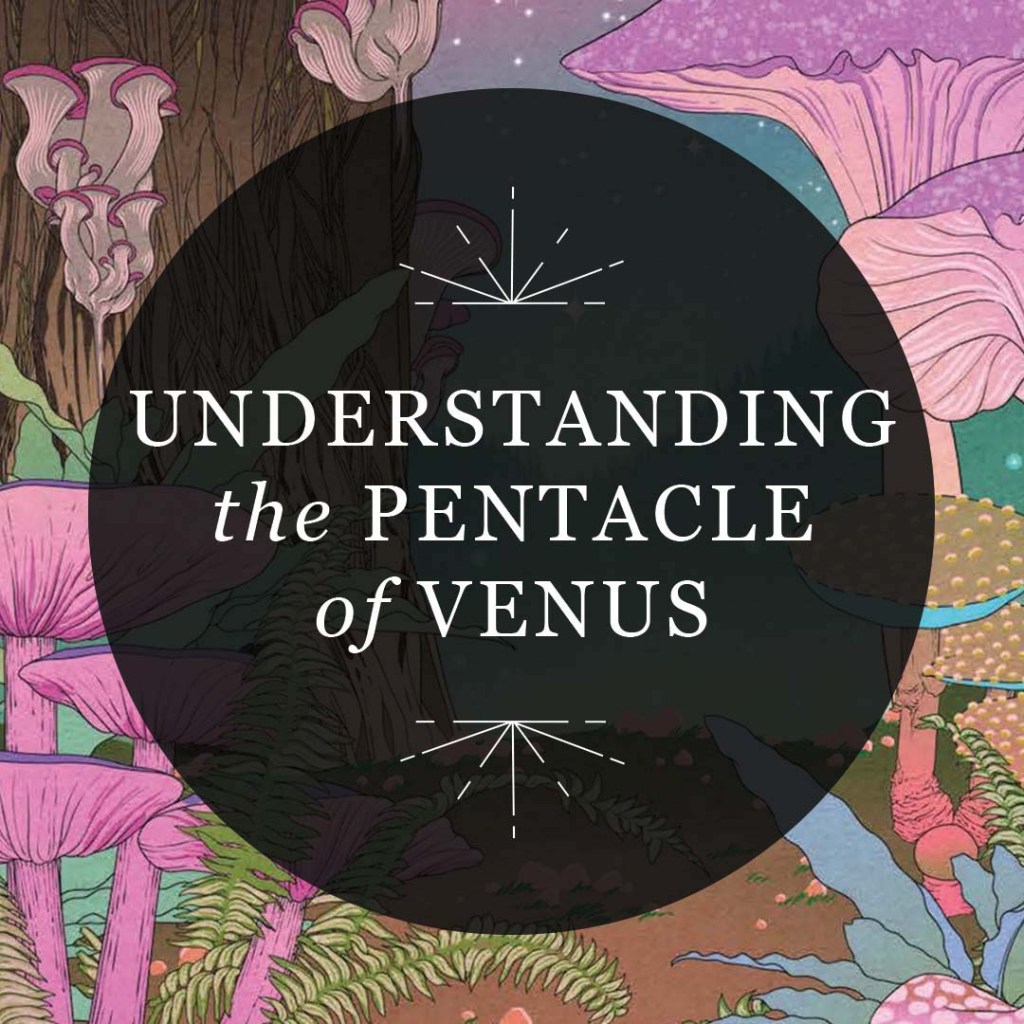 Graphic for RP Mystic blog post “Understanding the Pentacle of Venus.” The title is placed in a semi-transparent black circle over an illustration of vibrant pink fungi and greenery by a large tree trunk.