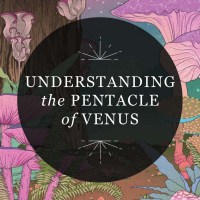 Graphic for RP Mystic blog post “Understanding the Pentacle of Venus.” The title is placed in a semi-transparent black circle over an illustration of vibrant pink fungi and greenery by a large tree trunk.