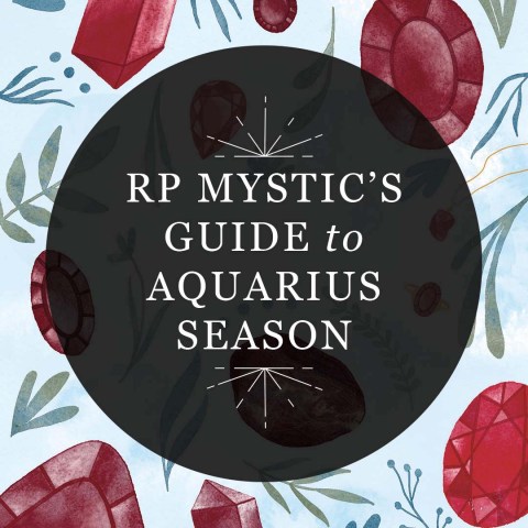 Graphic reading "RP Mystic's Guide to Aquarius Season” in a semi-transparent black circle over an illustrated image of January birthstones and greenery.