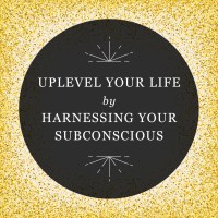 Graphic reading “Uplevel Your Life by Harnessing Your Subconscious” in a semi-transparent black circle over an image of gold glitter