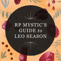Graphic reading "RP Mystic's Guide to Leo Season" in a semi-transparent black circle over an illustration of July birthstones
