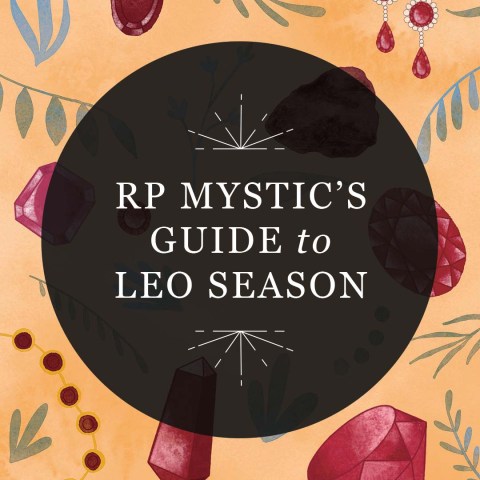 Graphic reading "RP Mystic's Guide to Leo Season" in a semi-transparent black circle over an illustration of July birthstones